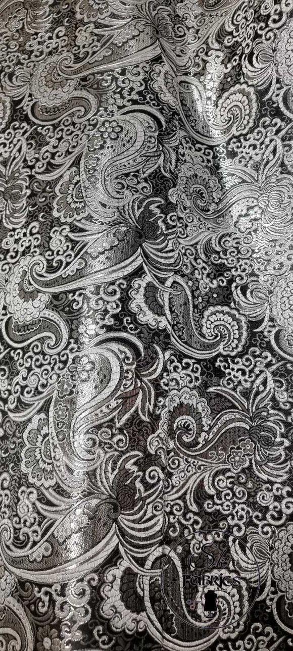 Ornamental Paisley Gold Metallic Print Indian Banarsi Brocade Fabric By Meter - BLACK & SILVER